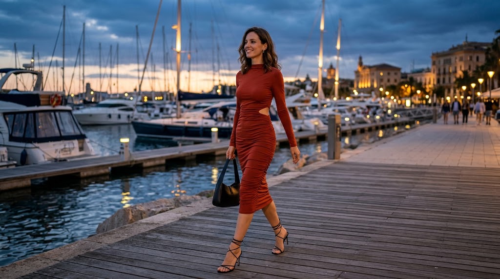Rust Red Ruched Cutout Bodycon Midi Dress